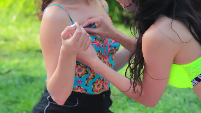 Sexy Party Girl In Transparent Leggings And Bra At Outdoor Location